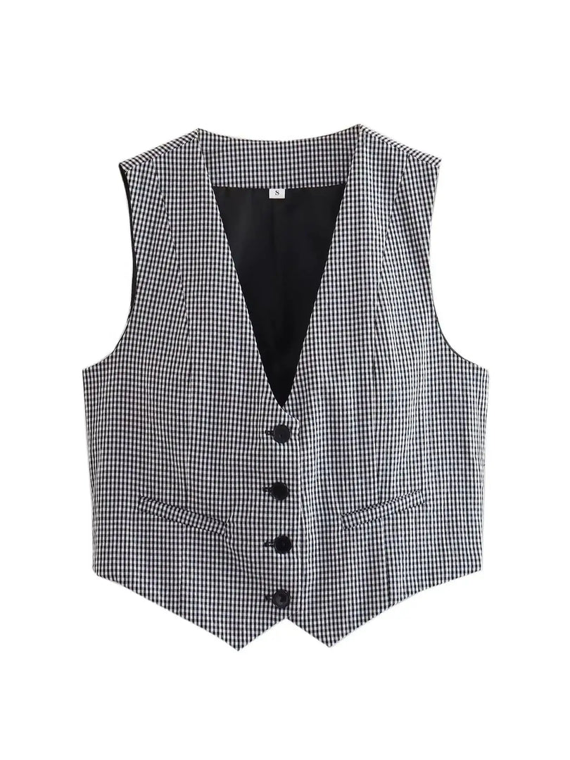 XNWMNZ 2024 Women Fashion Front Buttons Cropped Waistcoat Vintage V Neck Sleeveless Versatile Female Vest Chic Tops  Amaijoin