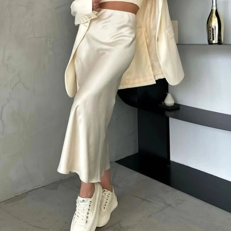 Acetic Satin Fishtail Skirt Woman Korean Fashion Elastic High Waist Skirts for Women Spring/summer 2024 New Slim Long Dresses  Amaijoin