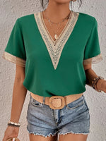 Carregue a imagem no visualizador da Galeria, 2023 summer new lace V-neck short-sleeved T-shirt women loose casual blouse thin solid color pullover  Amaijoin
