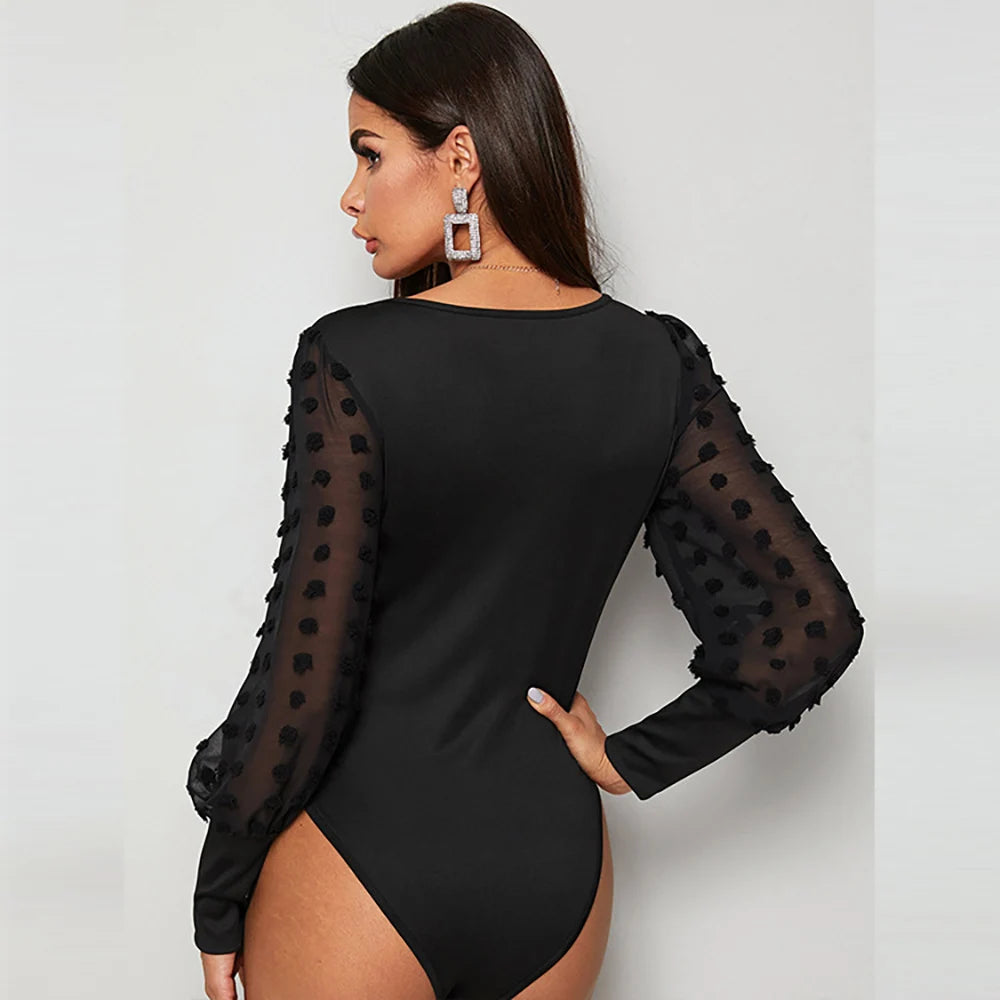 Autumn Tops 2023 New Sexy Elegant Chic Mesh Sleeve Bodysuit Women Black Square Collar Bodycon Office Lady One Piece Outfits  Amaijoin