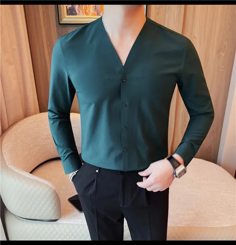 Brand Scarless Elastic V-neck Shirt Men Long Sleeve Casual Business Dress Shirts Solid Social Party Tuxedo Blouse Men Clothing  Amaijoin