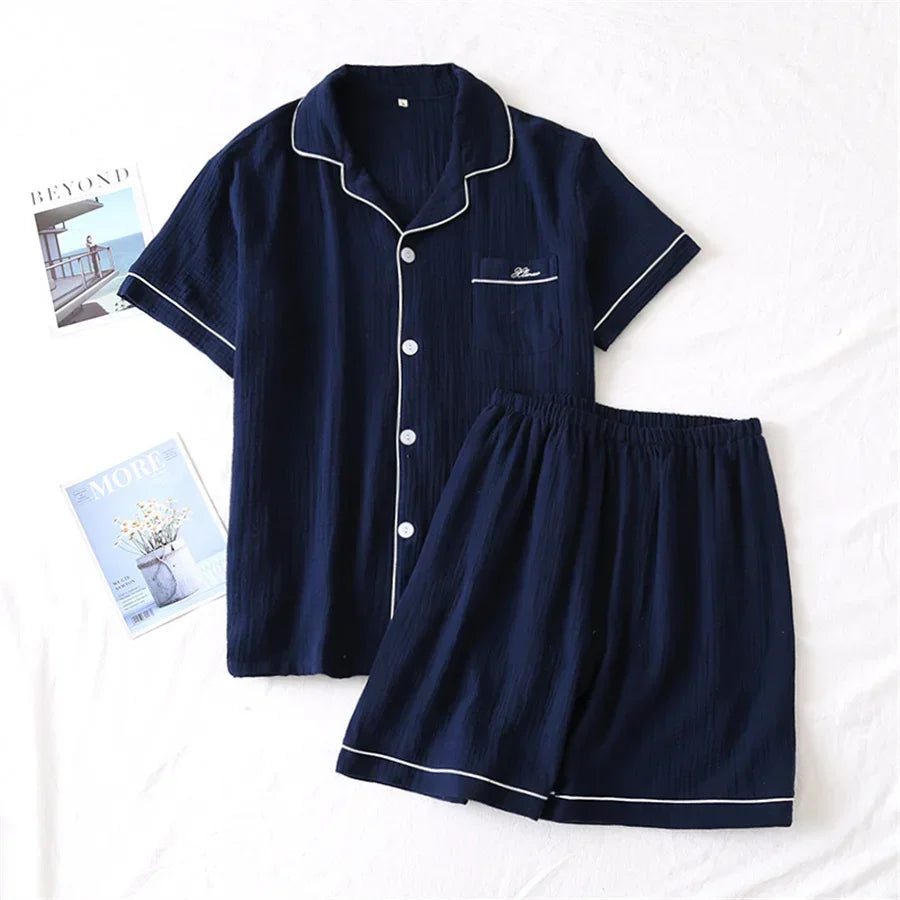 Japanese summer couple womens pajama sets solid cotton ladies sleepwear casual short-sleeved shirt shorts pajamas Men Homewear  Amaijoin