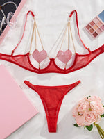 Load image into Gallery viewer, Sexy Kiss Lingerie Heart Underwear Erotic Transparent Brief Sets Hollow Out Bra Kit Push Up Seamless Red 2 Piece Set with Chain  Amaijoin
