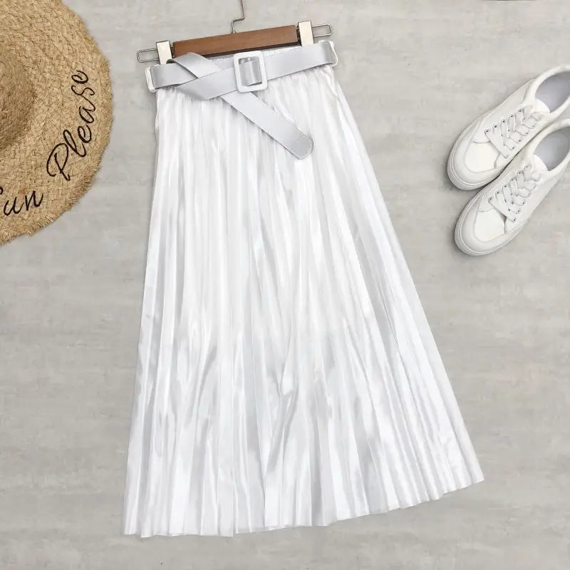 2024 New High Waist Elegant Stain Women's Pleated Skirts with Belted Solid Skirts Mi-long Umbrella Skirt Spring Summer  Amaijoin