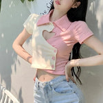 Load image into Gallery viewer, 2023 summer women pure desire wind irregular love hollow short-sleeved Tshirt female summer Slim polo collar short paragraph top  Amaijoin
