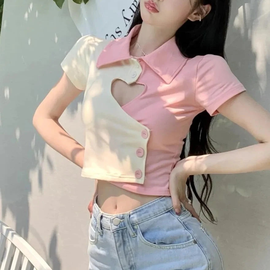 2023 summer women pure desire wind irregular love hollow short-sleeved Tshirt female summer Slim polo collar short paragraph top  Amaijoin