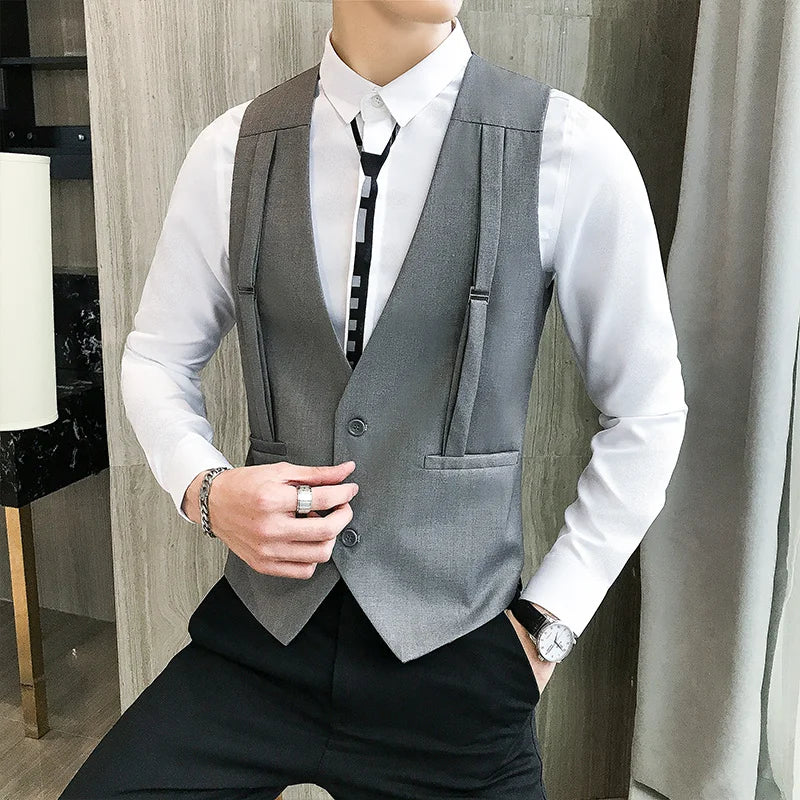 Brand Strap Decorative Vest Men Casual Sleeveless Vests Slim Fit Prom Party Disco Waiter Nightclub Dress Vest Tuxedo Gilet Homme  Amaijoin