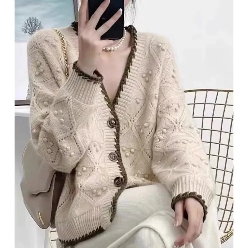 Chic jacquard 100% cashmere knit cardigan Women's autumn/winter lazy V-neck sweater Loose wool coat  Amaijoin