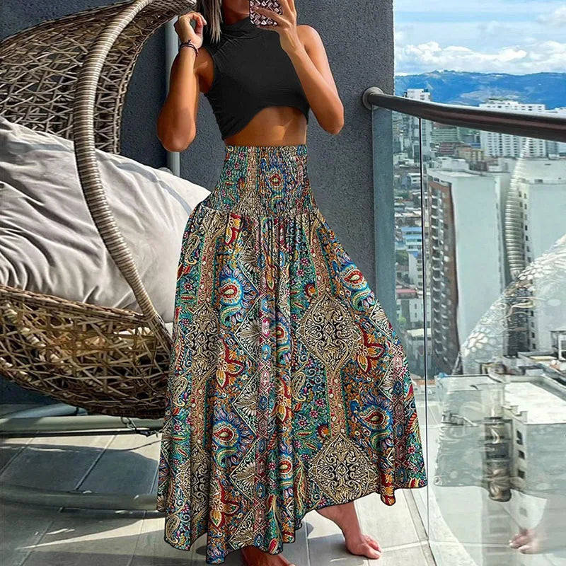 Summer Fashion High Waist Thin Printing Female Skirts Commute Elegant Elastic Waist Bohemia Holiday A-line Skirt Versatile Dress  Amaijoin