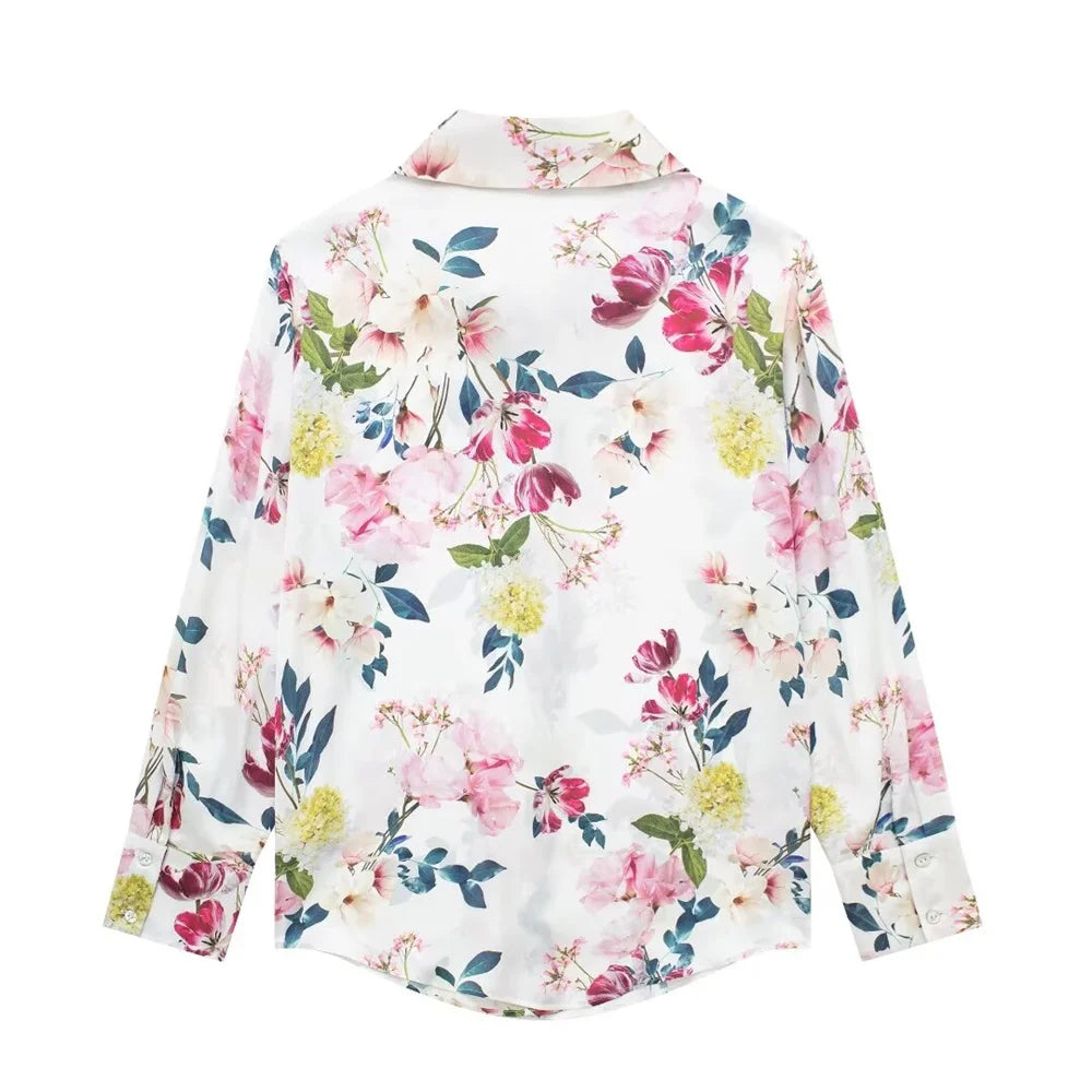 UNIZERA2024 Spring New Product Women's Casual Long sleeved Silk Satin Texture Retro Flower Print Shirt Loose Top  Amaijoin