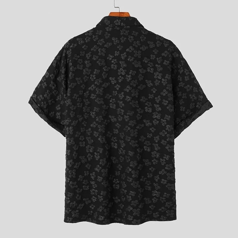 INCERUN Men Shirt Flower Jacquard Loose Korean Style Lapel Short Sleeve Men Clothing Streetwear 2024 Fashion Casual Shirts S-5XL  Amaijoin