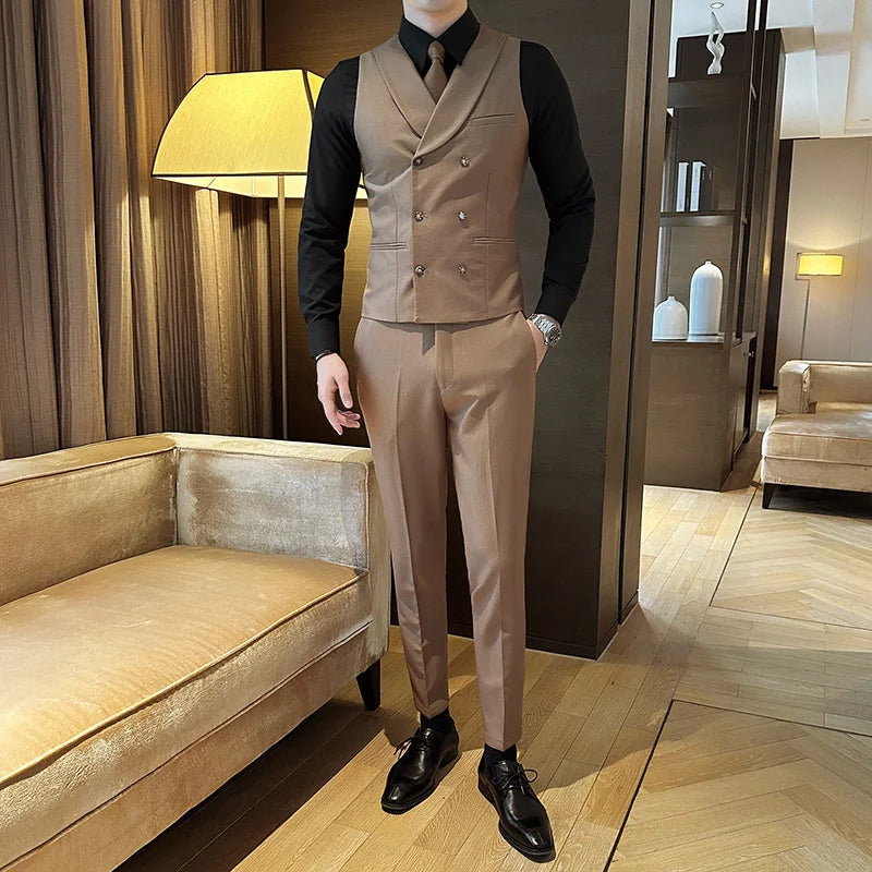 High Quality Double-Breasted Solid Mens Vest Coat Korean Style Business Slim Fit Male Waistcoat Groom Wedding Dress Suit Vests  Amaijoin