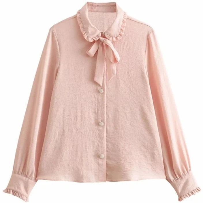 Tangada 2023 Women Pink Bow Loose Blouses Oversized Female Pearl Buttons Shirts Tops  4M260  Amaijoin