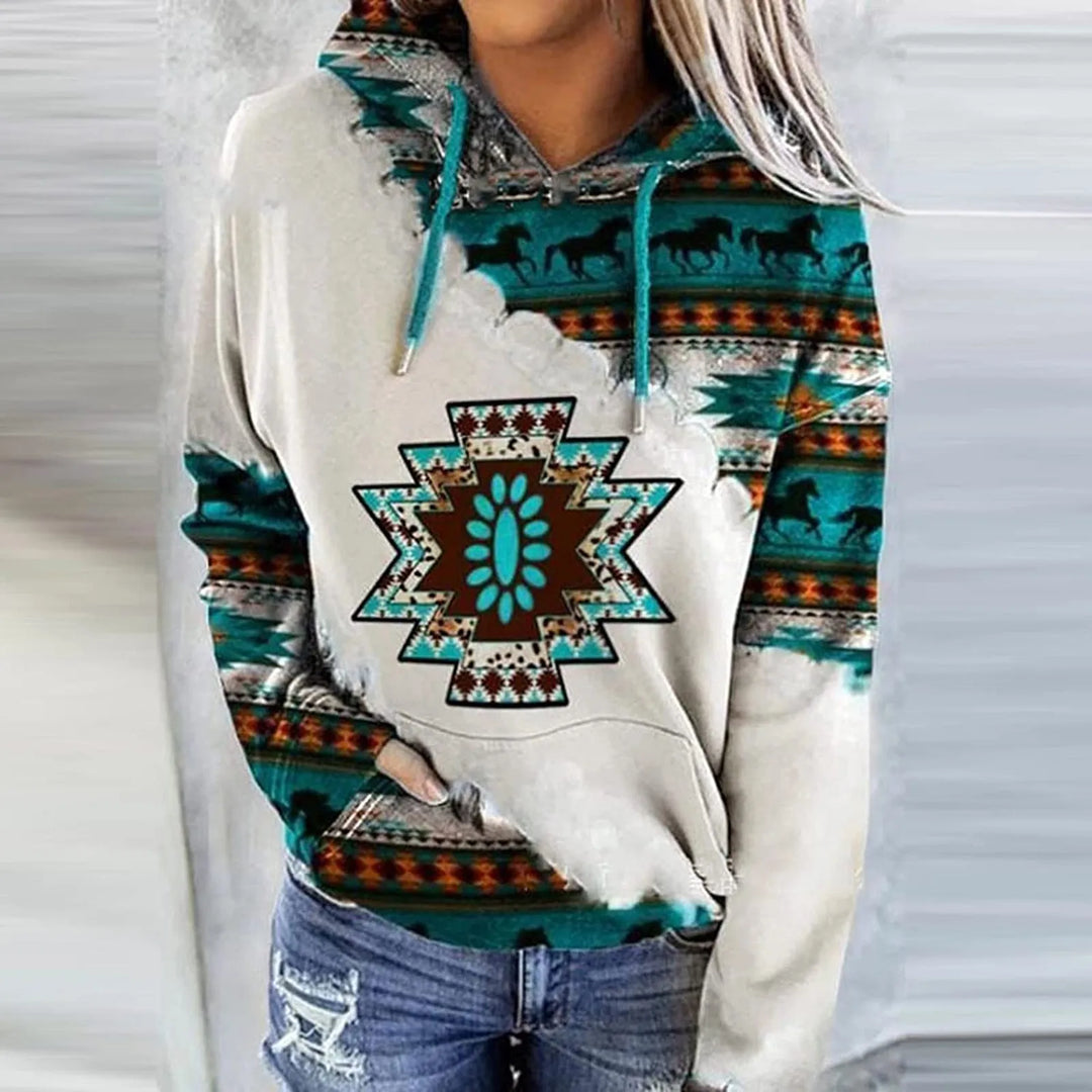 Womens Casual Geometric Horse Print Long Sleeve Drawstring Pullover Tops, Ethnic Style Hooded Sweatshirt  Amaijoin