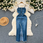 Load image into Gallery viewer, Women Summer Jeans Dresses Single Breasted Slim Waist Spaghetti Strap Taseel Split Long Denim Dress Vestidos  Amaijoin
