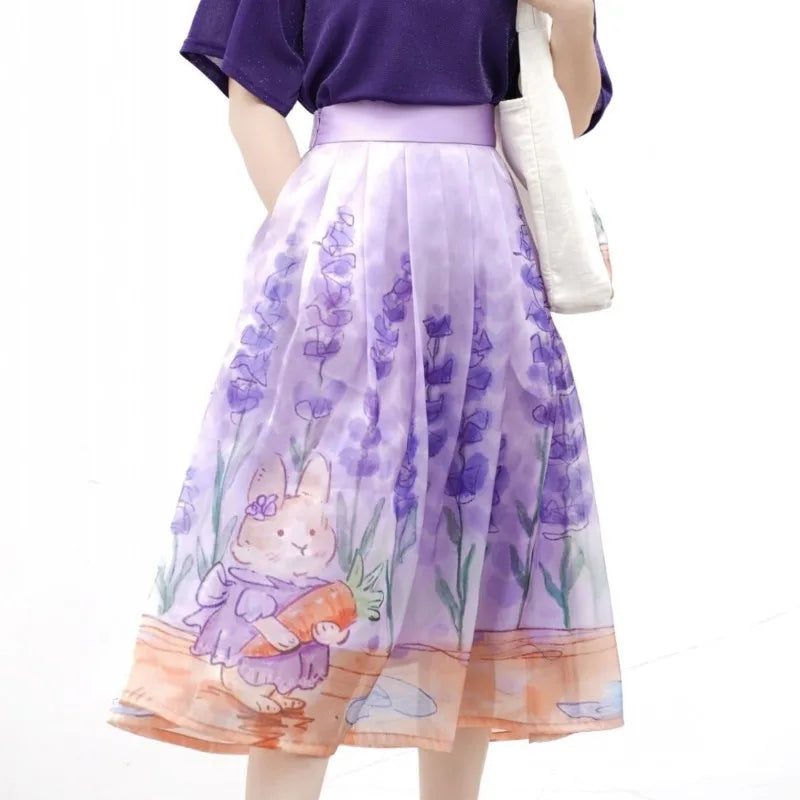 2024 Spring/Summer New Sweet Printed Women's Elastic Waist Pleated Pocket Fashionable and Loose High Waist Midi A-line Skirts  Amaijoin