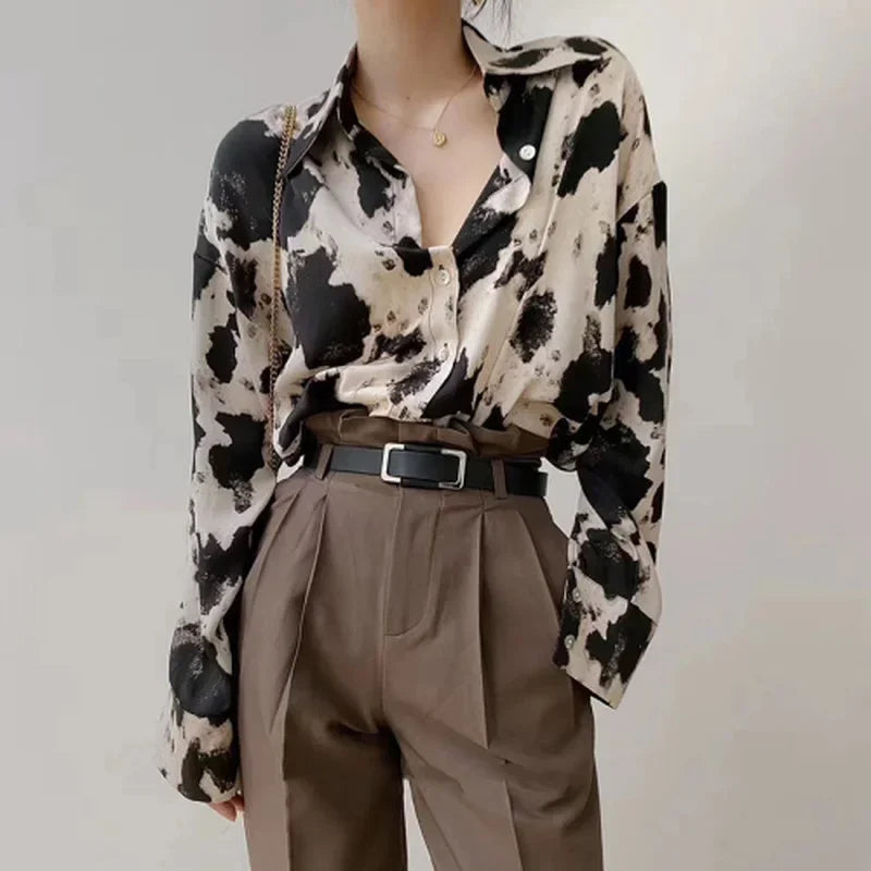 Cow Print Chiffon Women Shirts Spring Long Sleeve Blouse New Streetwear Tops Fashion Elegant Clothing  Amaijoin