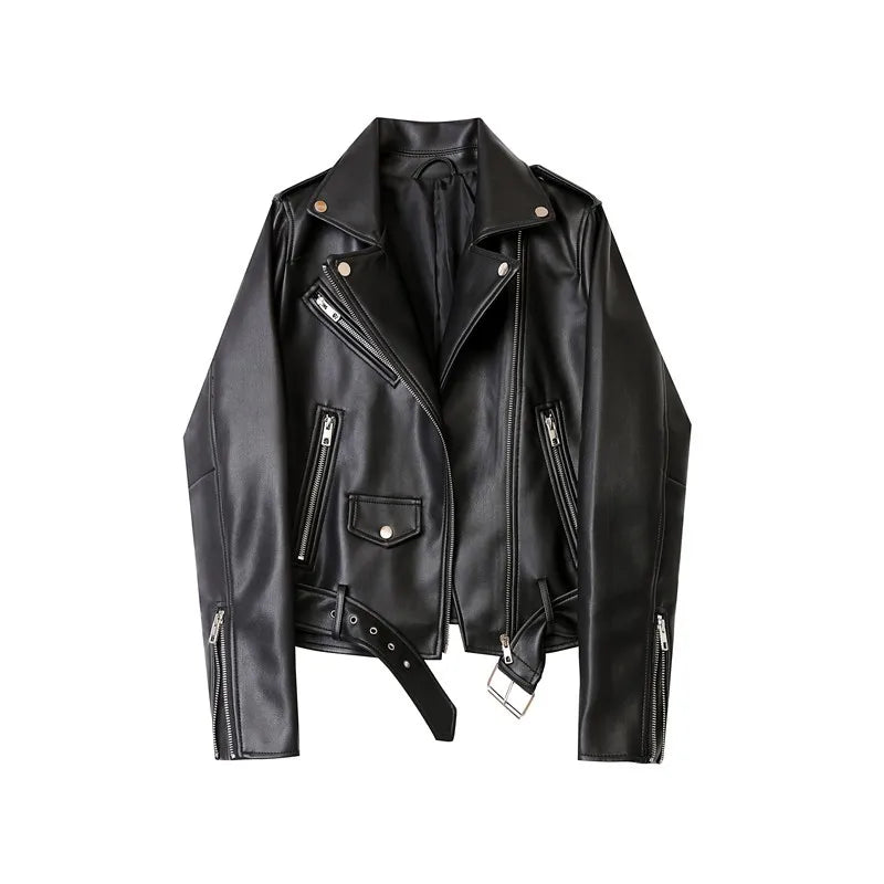 ZVRI classic black Spring and Autumn 2023 The new belt detachable epaulet motorcycle jacket leather jacket  Amaijoin