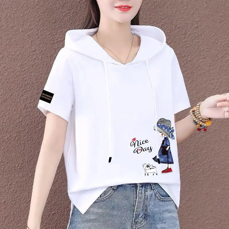 Short Sleeve Summer Thin White T-shirt Women Casual Fashion Top Loose Style Polyester Fabric Cartoon Design  Amaijoin