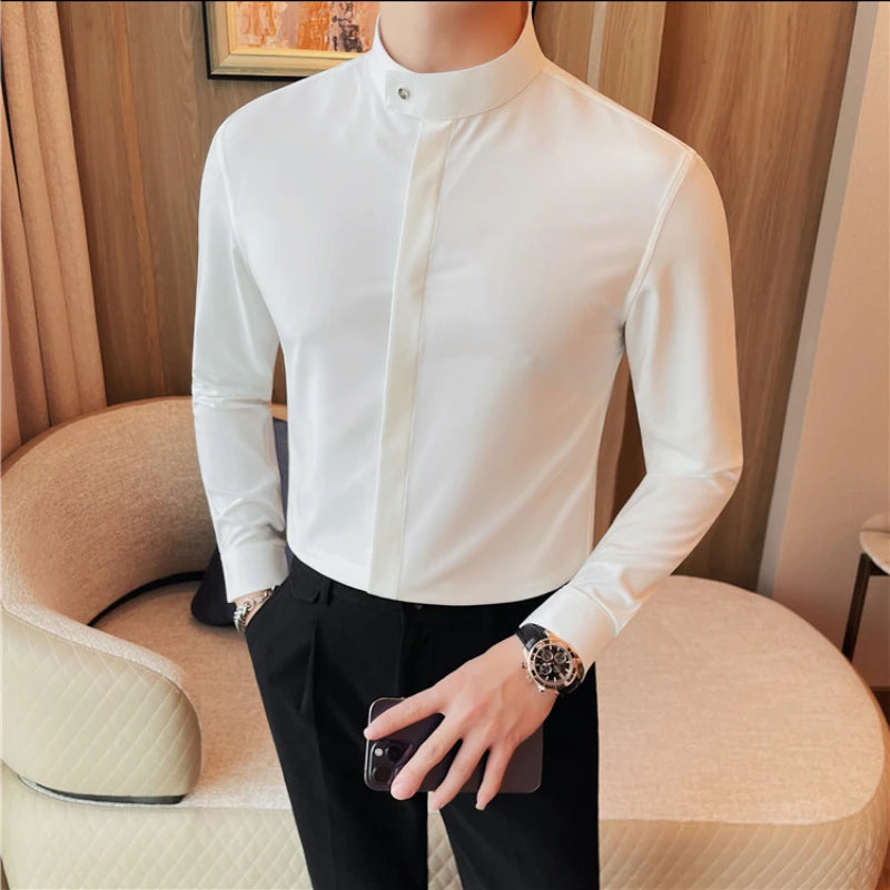 2024 Spring Stand Collar White Shirt for Men Long Sleeve Casual Business Dress Shirts Versatile Social Banquet Party Shirt M-4XL  Amaijoin