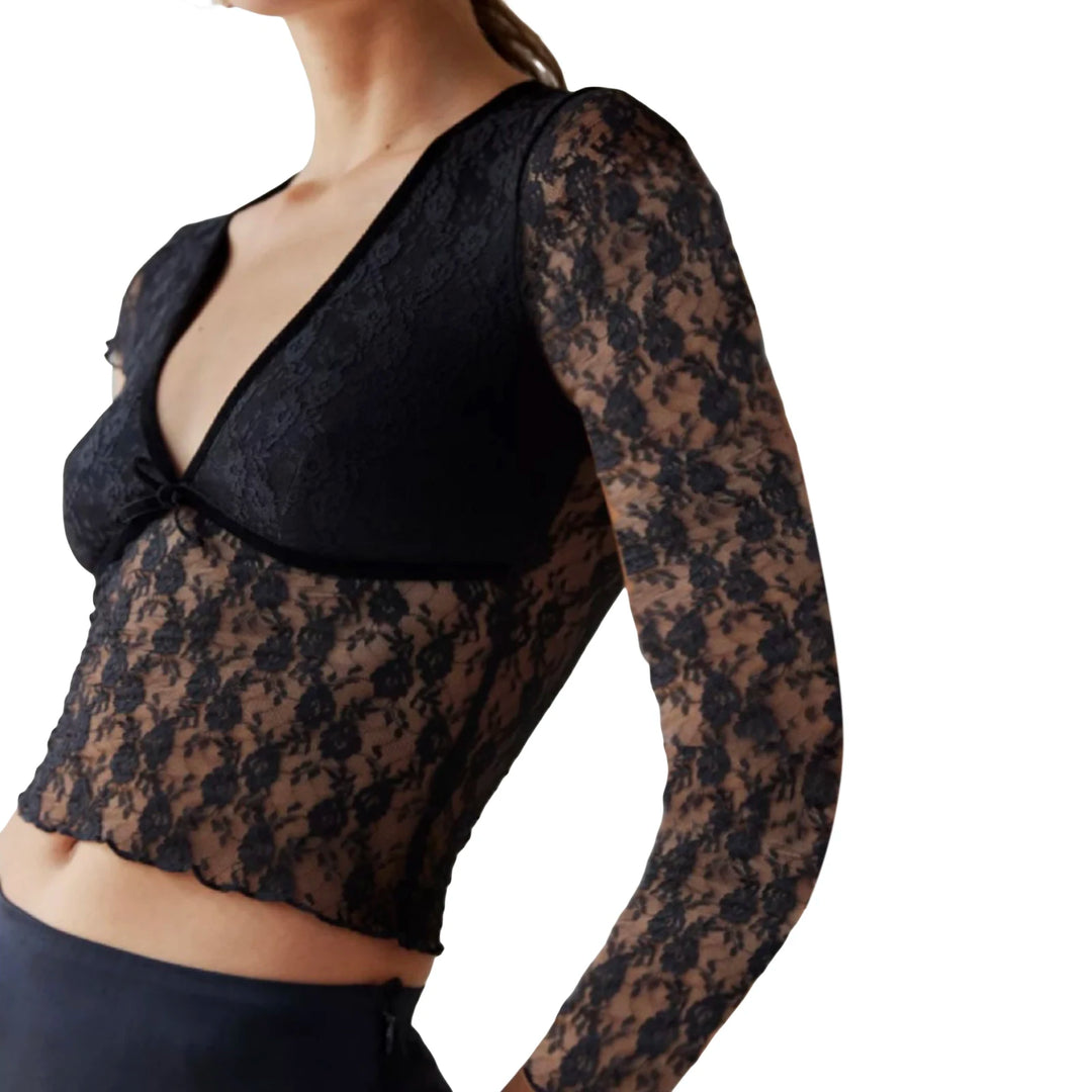 Women Sexy Long Sleeve Lace Crop Tops V Neck Mesh See Through Slim Fit T Shirts Blouse Clubwear  Amaijoin