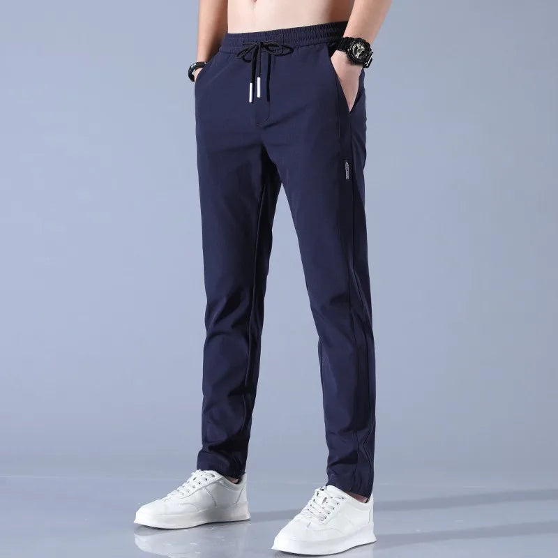 2024 new Men's Ice Silk Trousers Solid Color Mid-Waist Loose Breathable Straight-Leg Casual Pants Thin Quick-Drying Sports Pants  Amaijoin