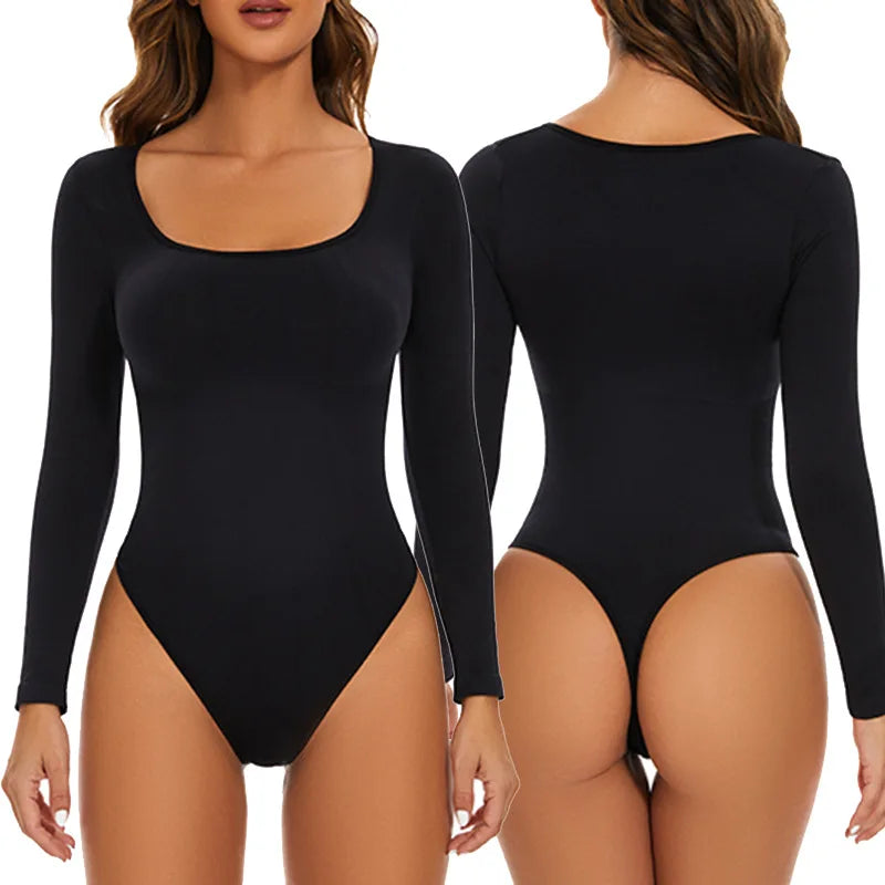 GUUDIA Spandex Elastic Body Suit Shapewear Women Body Shaper Tummy Control Long Sleeve Open Crotch Big U Neck Seamless Shapers  Amaijoin