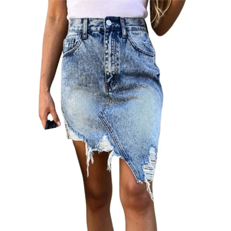 Fashion Irregular Hem Wrap Hip Skirt 2024 Summer Slim Broken Holes Denim Half-body Dresses Female Comfortable Casual Streetwear  Amaijoin