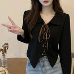 Load image into Gallery viewer, Sweet Bandage Short Tops Tees Spring Autumn New Polo Neck Long Sleeve Solid Color T Shirts Street Casual Fashion Women Clothing  Amaijoin
