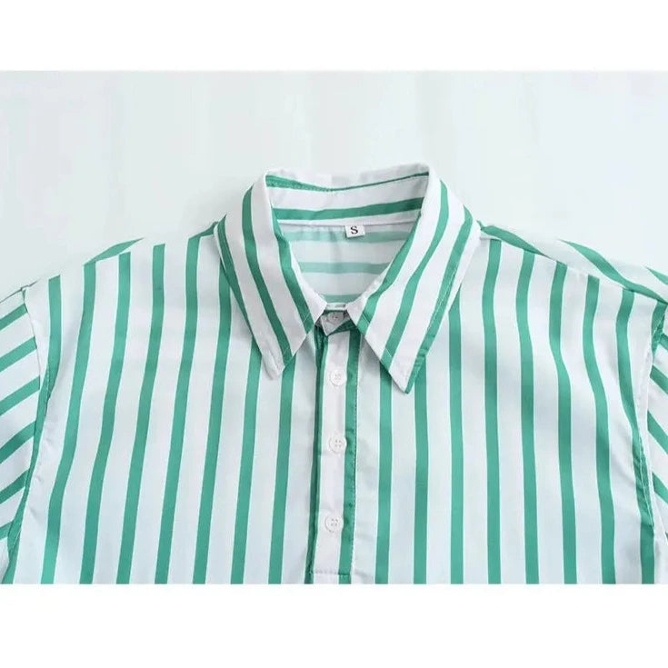 TRAFZA 2024 Summer Striped Shirts Women Casual Green Blouse Y2k Short Sleeve Buttons Crop Top Female Short Shirt Streetwear  Amaijoin