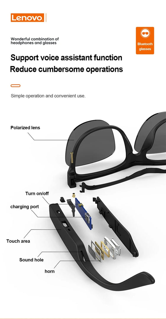 Lenovo Lecoo C8 Lite Smart Glasses Headset Wireless Bluetooth 5.0 Sunglasses Outdoor Sport Earbuds HiFi Stereo Music Earphones  Amaijoin