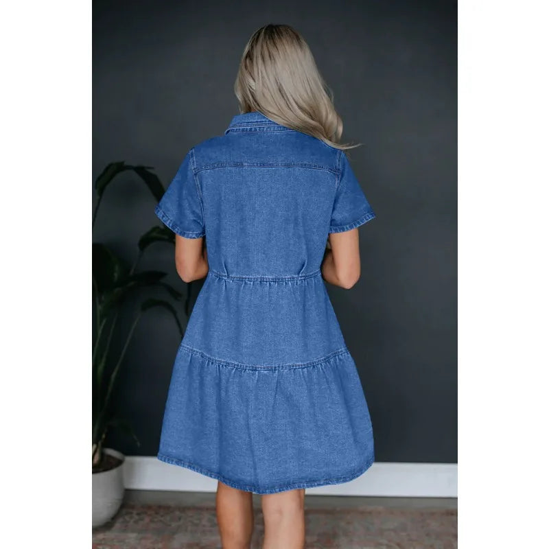 2024 Spring Summer New Women's Clothing Solid Color Short Sleeve Lapel Casual Denim Dress High Waist Dress  Amaijoin