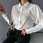 Load image into Gallery viewer, Elegant Office Shirt For Women 2024 Spring Summer Fashion Diamond-encrusted Neck Long Sleeve White Loose Blouses And Tops Female  Amaijoin
