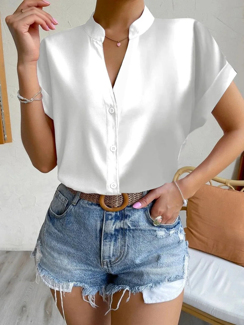 Summer Minimalist Women's V-neck Shirt 2023 Elegant Women's Satin Red Short Sleeved Single Breasted Casual Fitting Office Shirt  Amaijoin