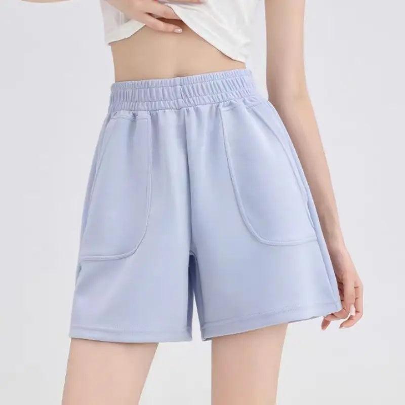 Casual Solid Two Pockets Shorts High Elastic Short Girl Daliy Large Size Pant A-word Elastic Waist Yoga Shorts Lady's Homewear  Amaijoin