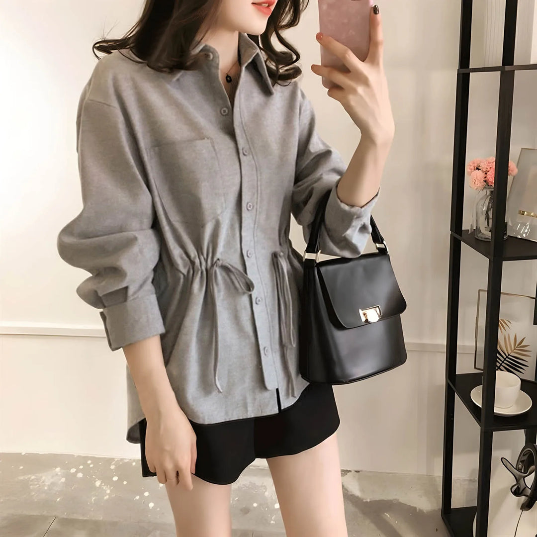 Women's Shirt 2024 Spring New Fashion Lapel Waisted Commuter Tops Shirt Solid Colour Large Size Casual Loose Blouse Shirt  Amaijoin