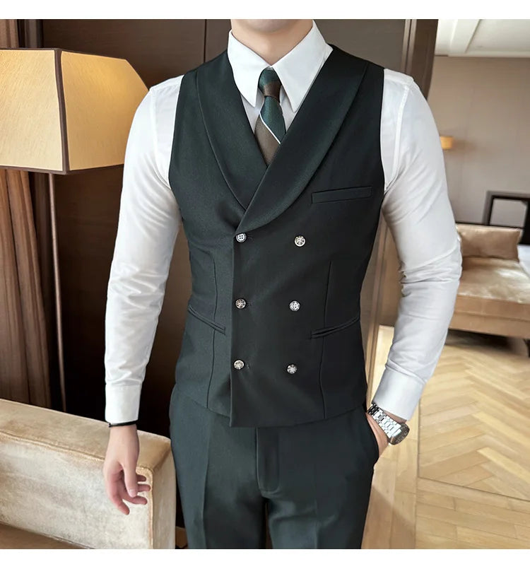 High Quality Double-Breasted Solid Mens Vest Coat Korean Style Business Slim Fit Male Waistcoat Groom Wedding Dress Suit Vests  Amaijoin