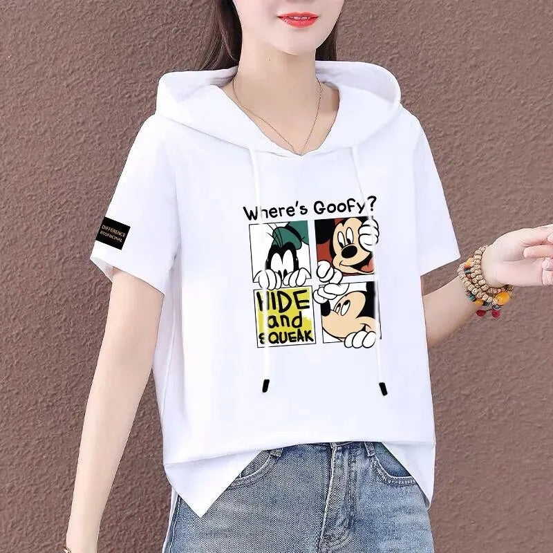 Short Sleeve Summer Thin White T-shirt Women Casual Fashion Top Loose Style Polyester Fabric Cartoon Design  Amaijoin