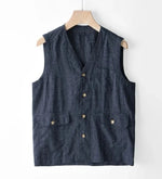 Load image into Gallery viewer, Japan Style Harajuku Men 100% Linen Vest Thin Simple Casual Loose Tops High Quality Yarn-Dyed Multi-Pockets Sleeveless Waistcoat  Amaijoin
