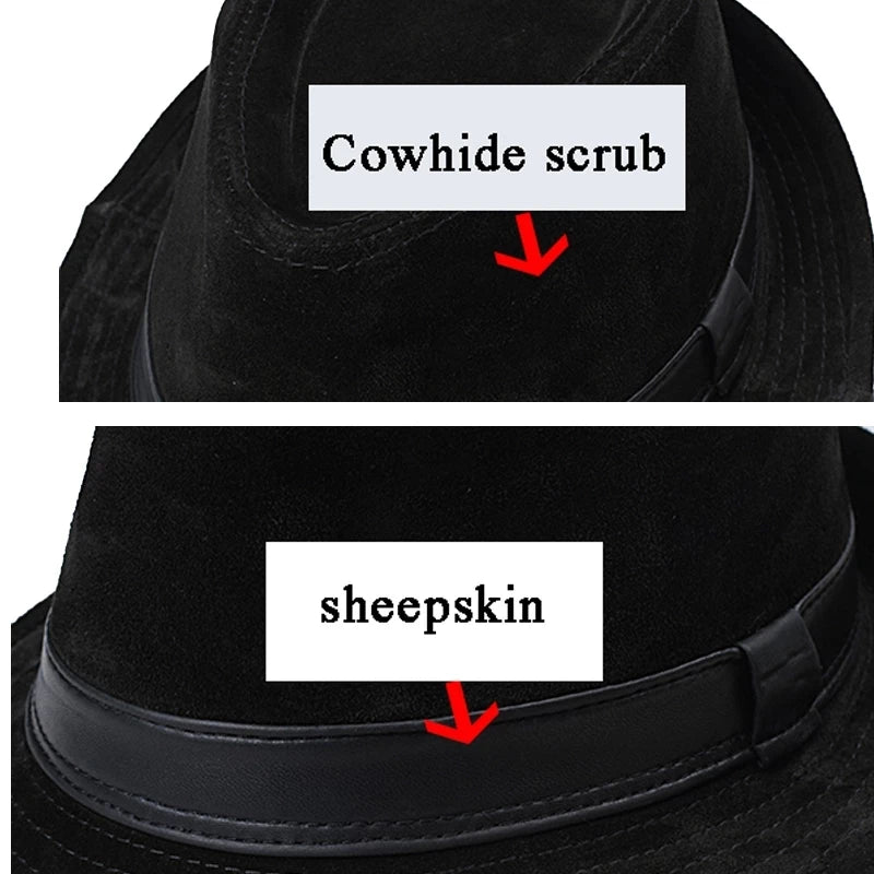 Men Genuine Leather Suede Cow Skin Nubuck Brown Fedoras Hats Women Gentleman Male Jazz Hip Pop Caps 56-60cm Fitted Hat  Amaijoin