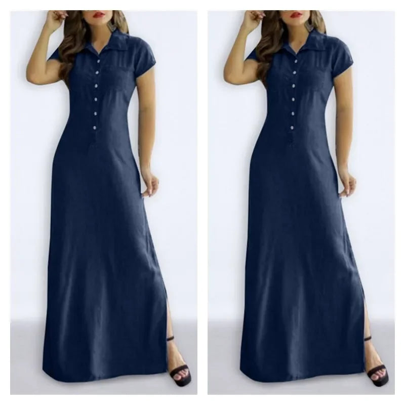 Europe And America Cross Border New Long Dress Shirt Collar Split Pocket Large Swing Dress Large Casual Denim Dress  Amaijoin