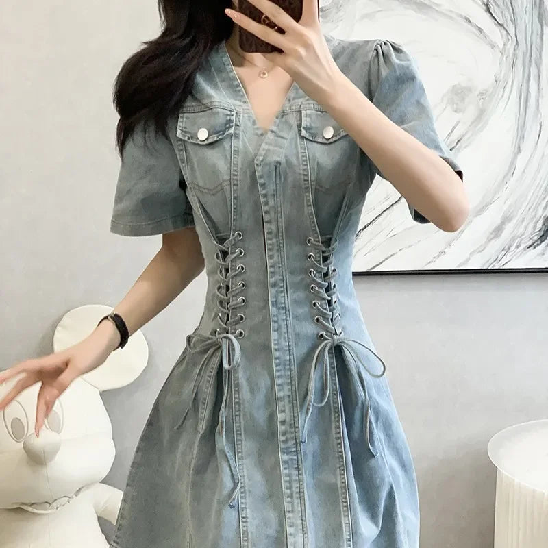 French Style Waist-fitted Mini Dress Denim Skirt Casual A- line Dress For Women High-waisted Summer New Arrival  Amaijoin