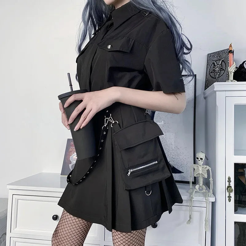 Harajuku Punk Gothic Black High Waist Black Skirts Women Sexy Patchwork Bandage Mini Female Streetwear Black Skirt  Amaijoin