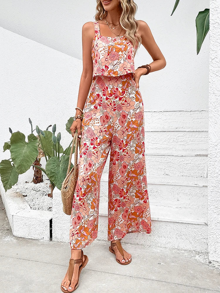 Elegant Long Jumpsuit Women Sexy Backless Wide Leg Jumpsuits Casual Sleeveless Floral Rompers Summer Clothes For Woman 2024 New  Amaijoin