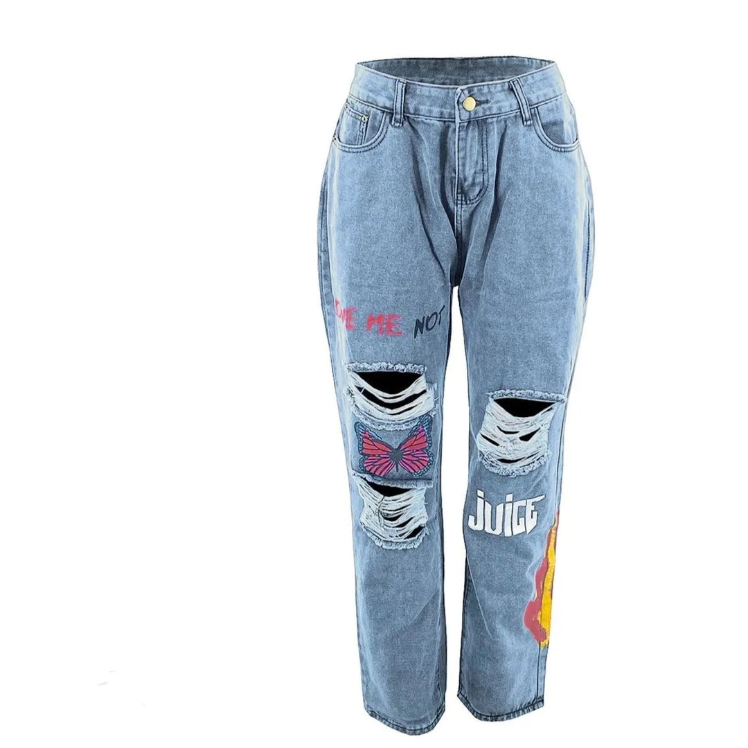 LW Butterfly Letter Print Ripped Jeans Women Casual Denim Pants Street Trousers slim stretch denim pencil pants (No Stretch)  Amaijoin