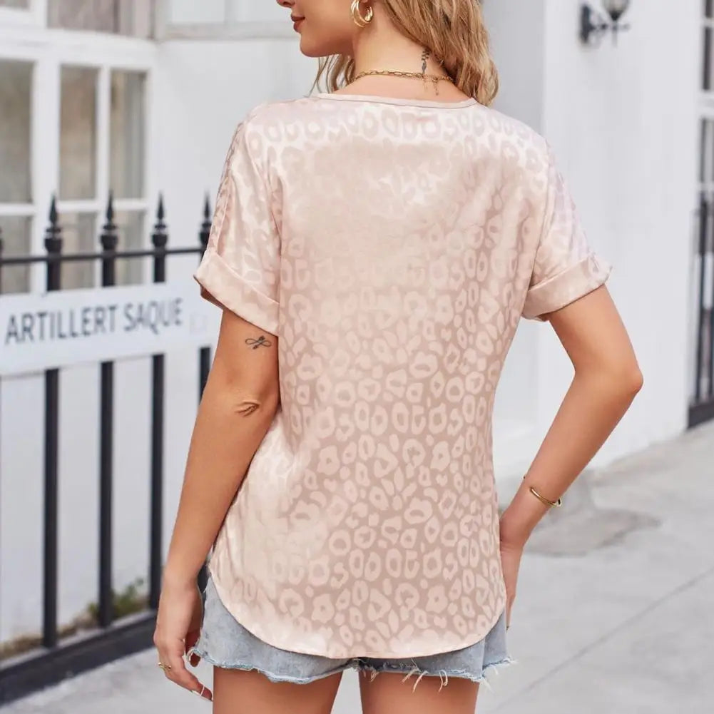 Summer V-Neck Short Sleeve T-shirt Leopard Print Smooth Satin Pullover Blouse Women Casual Tops Streetwear  Amaijoin