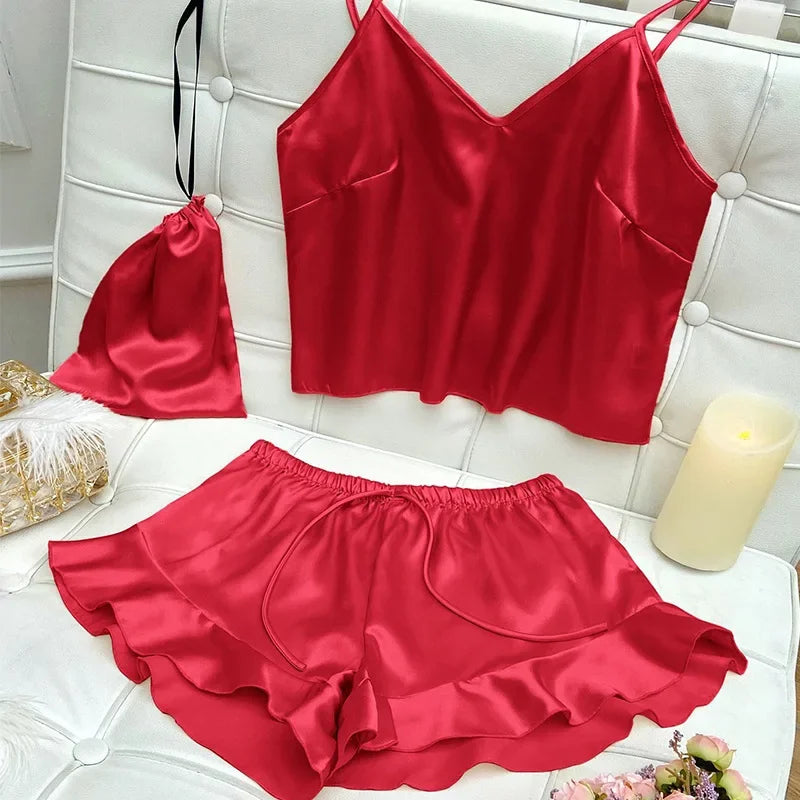 Fashion Sexy Underwear Set Women's 2 Pieces Sleepwear Pyjamas Silk Satin Bellyband Cami Top and Shorts Pajamas for Women Pijamas  Amaijoin