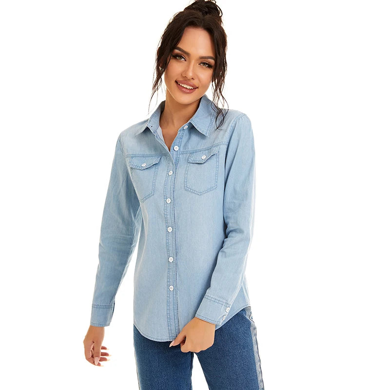 Streetwear Light Blue Cotton Thin Basic Shirts Jeans Woman 2024 Spring Long Sleeve Denim Blouses Ladies Tops Clothes  Amaijoin