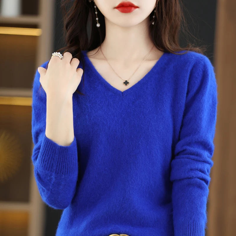 Women's Flat V-neck Mink Cashmere Sweater New Autumn/winter 2023 Knitted Loose Pullover Commuter Basic Knit Top  Amaijoin