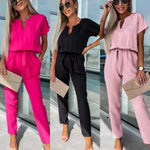 Load image into Gallery viewer, Summer Short Sleeve Hollow Out V-neck Elastic Waist Female Overalls with Belt Lady Ankle-length Pencil Pants Jump Suit for Women  Amaijoin
